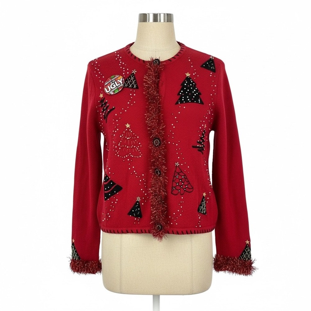 Basic Editions Holiday Ugly Christmas Sweater Cardigan‎ Red Beaded Small
